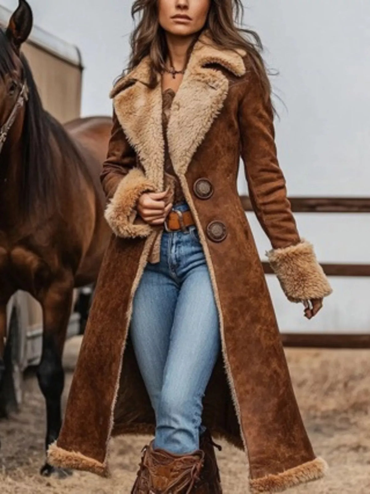 Brown faux suede shearling-style long coat