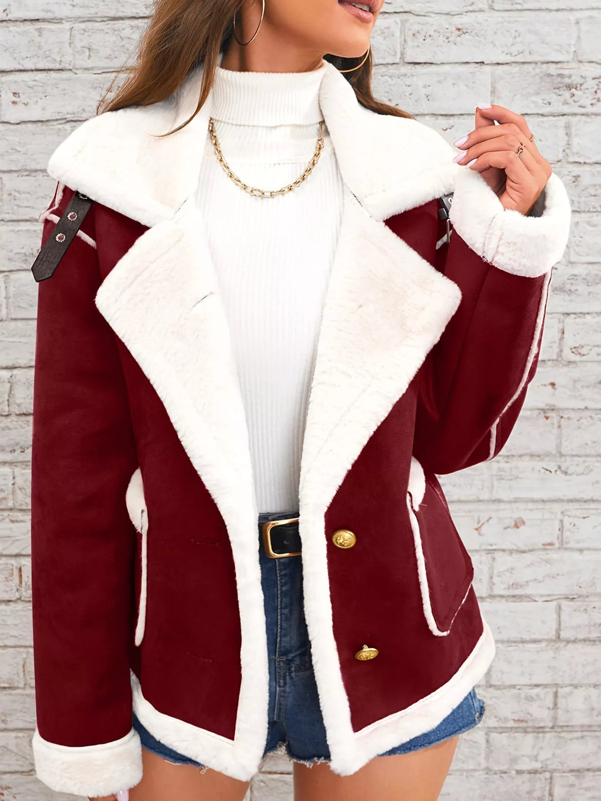 Burgundy plush-lined button-front jacket — front view