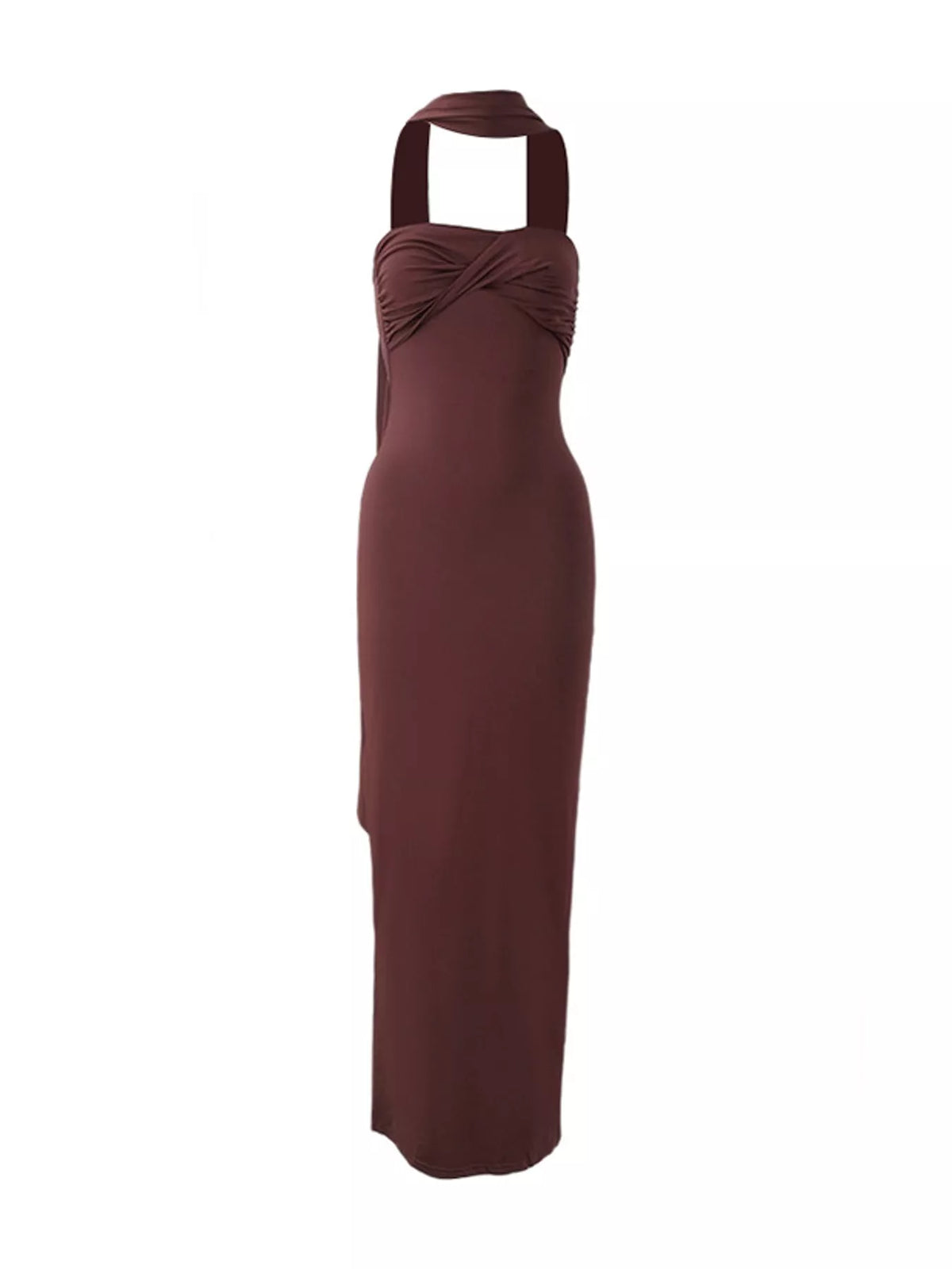 Brown strapless ruched bodycon maxi dress with scarf, front view