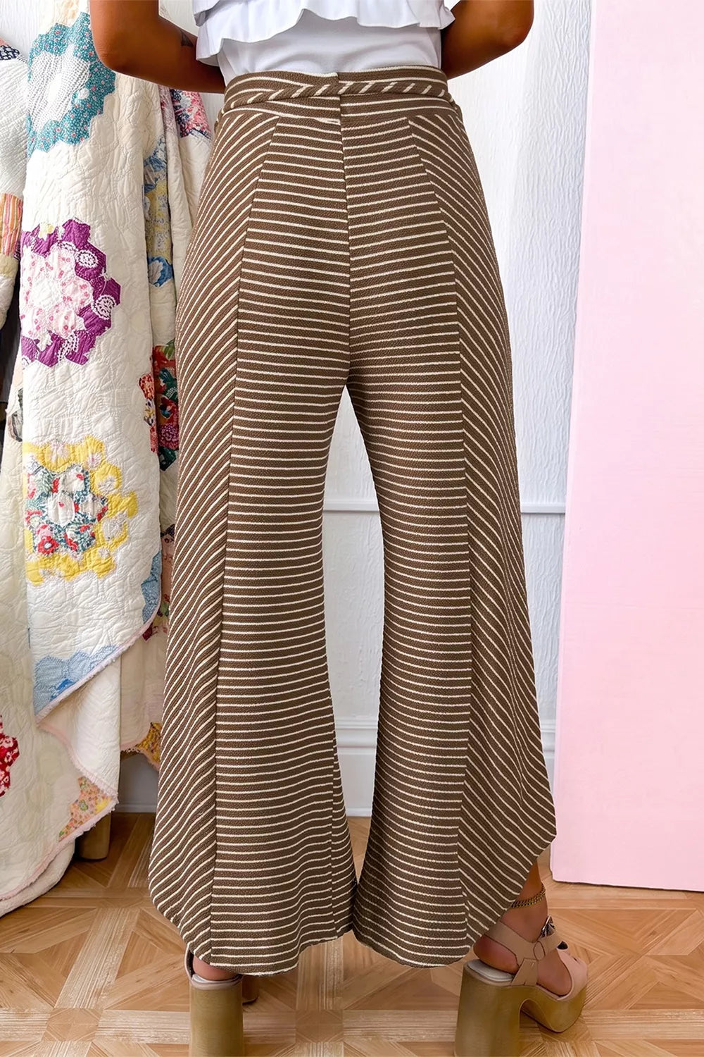 Brown striped wide-leg drawstring pants, back view