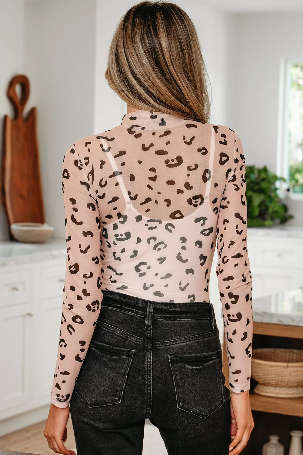 Trendsi Mock Neck Sheer Mesh Leopard Long Sleeve Bodysuit -