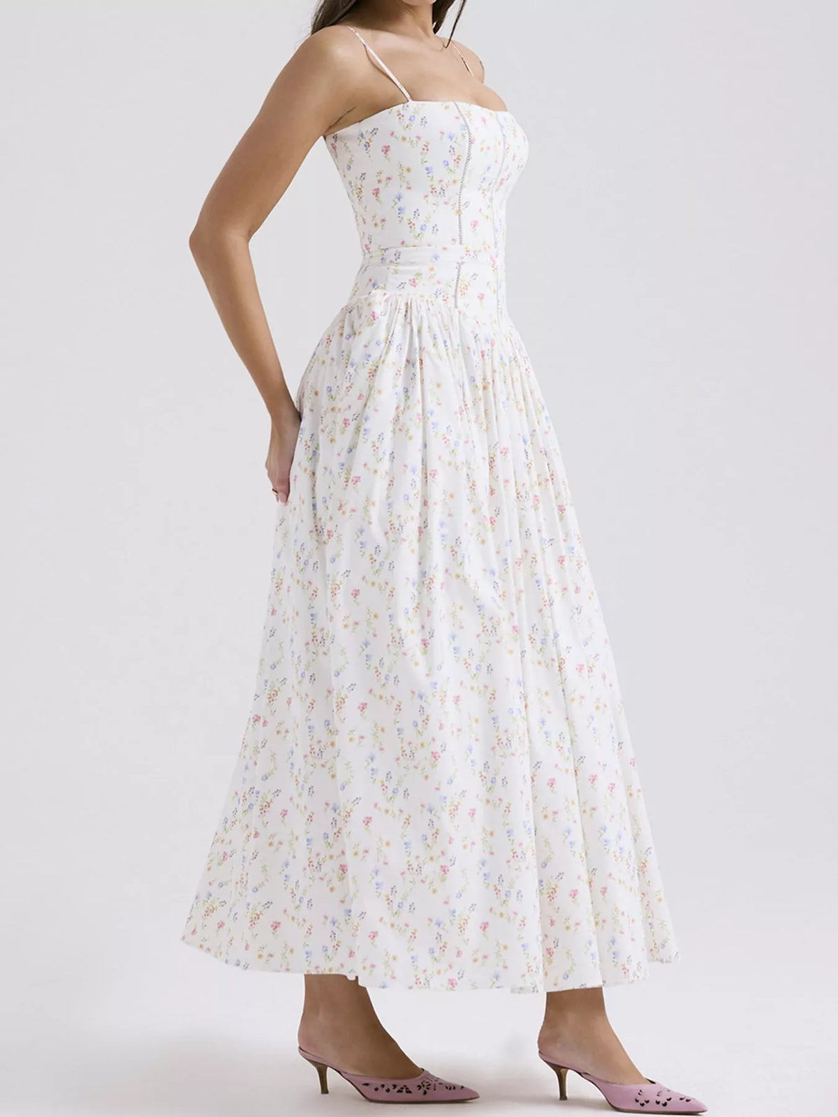 Women's Paneled Bodice Gathered Midi Dress in small floral — side view