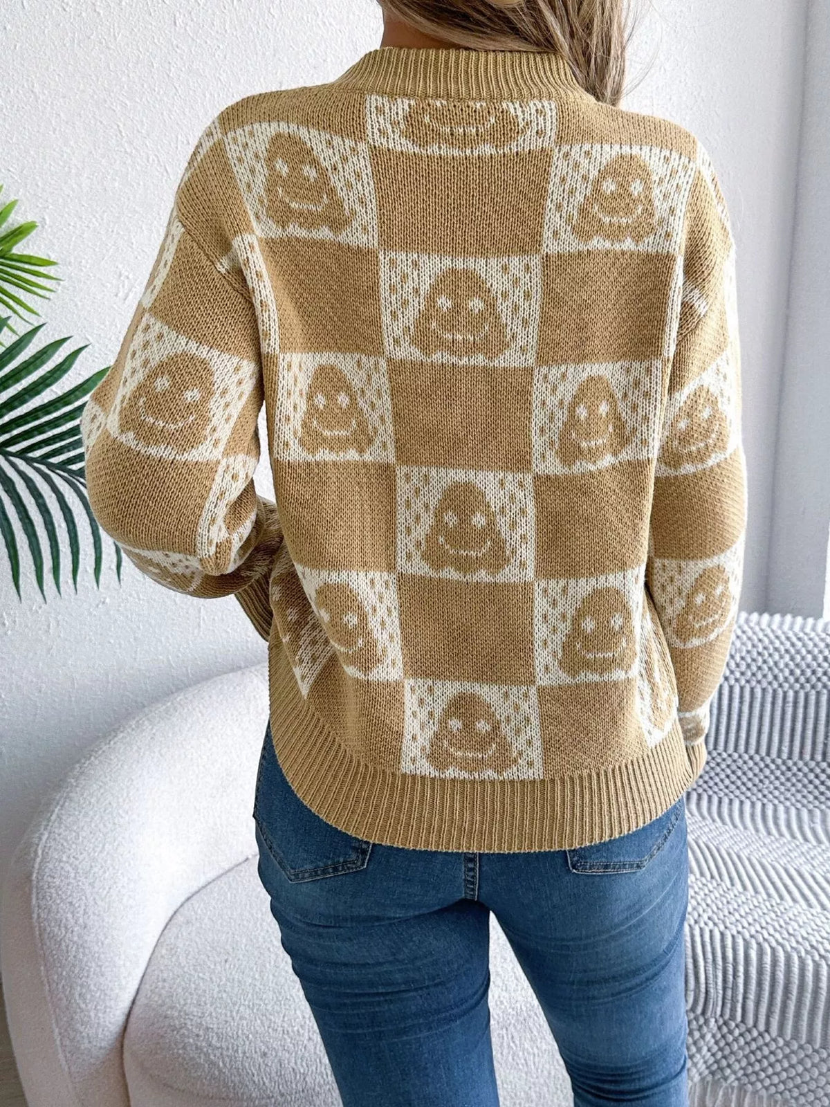 Checkerboard Halloween Graphic Sweater in mustard, back view