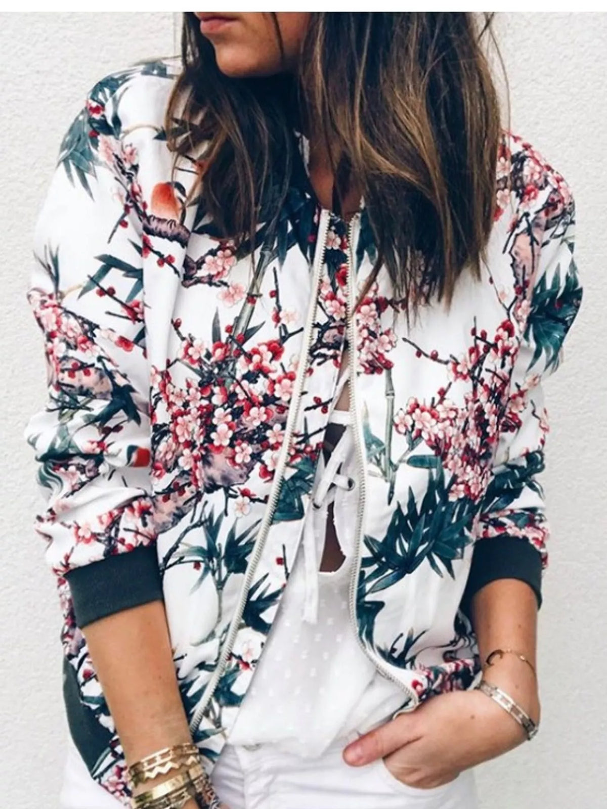 White blossom print printed zip-up bomber jacket — front view