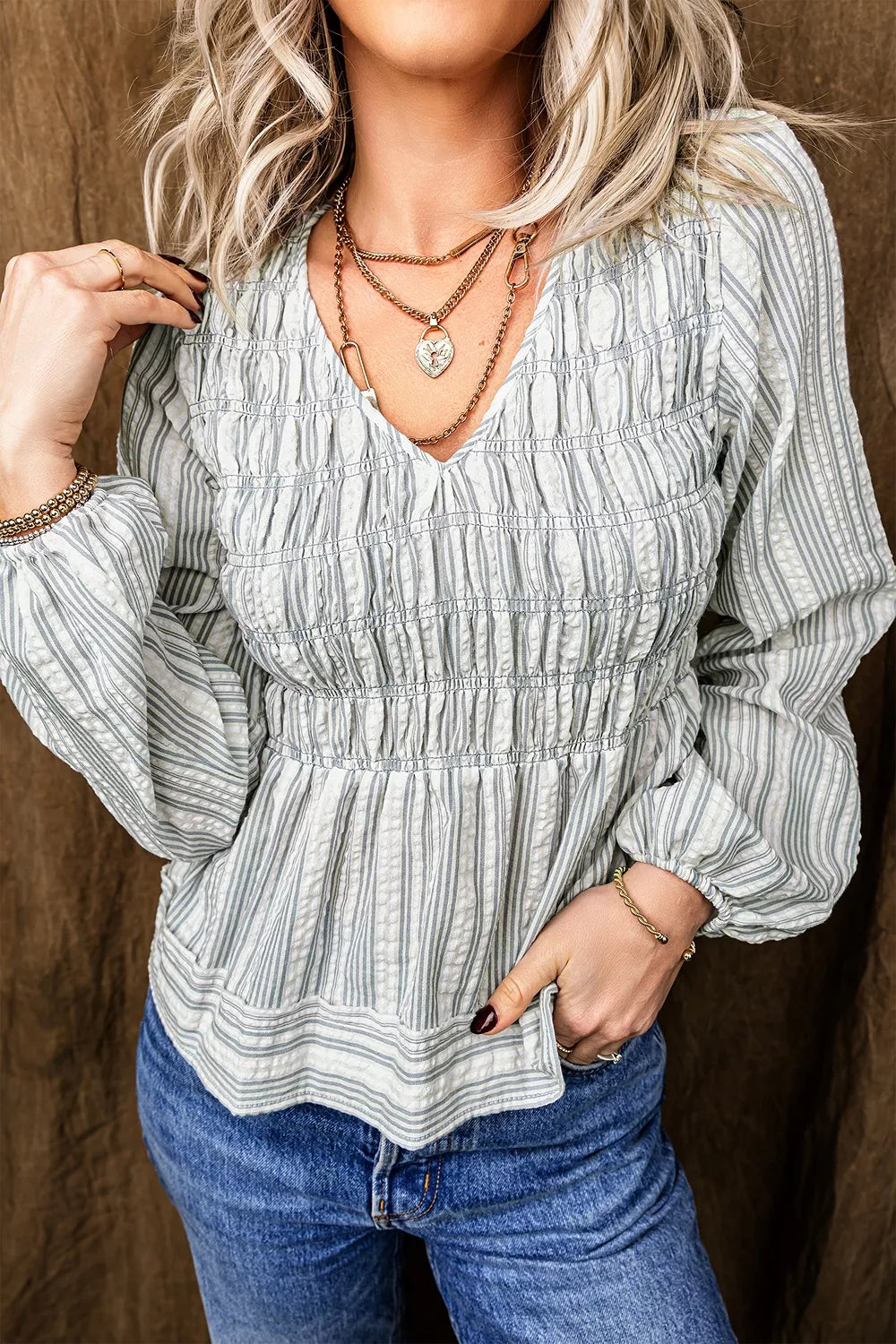 Trendsi Stripe V Neck Shirred Long Sleeve Blouse -