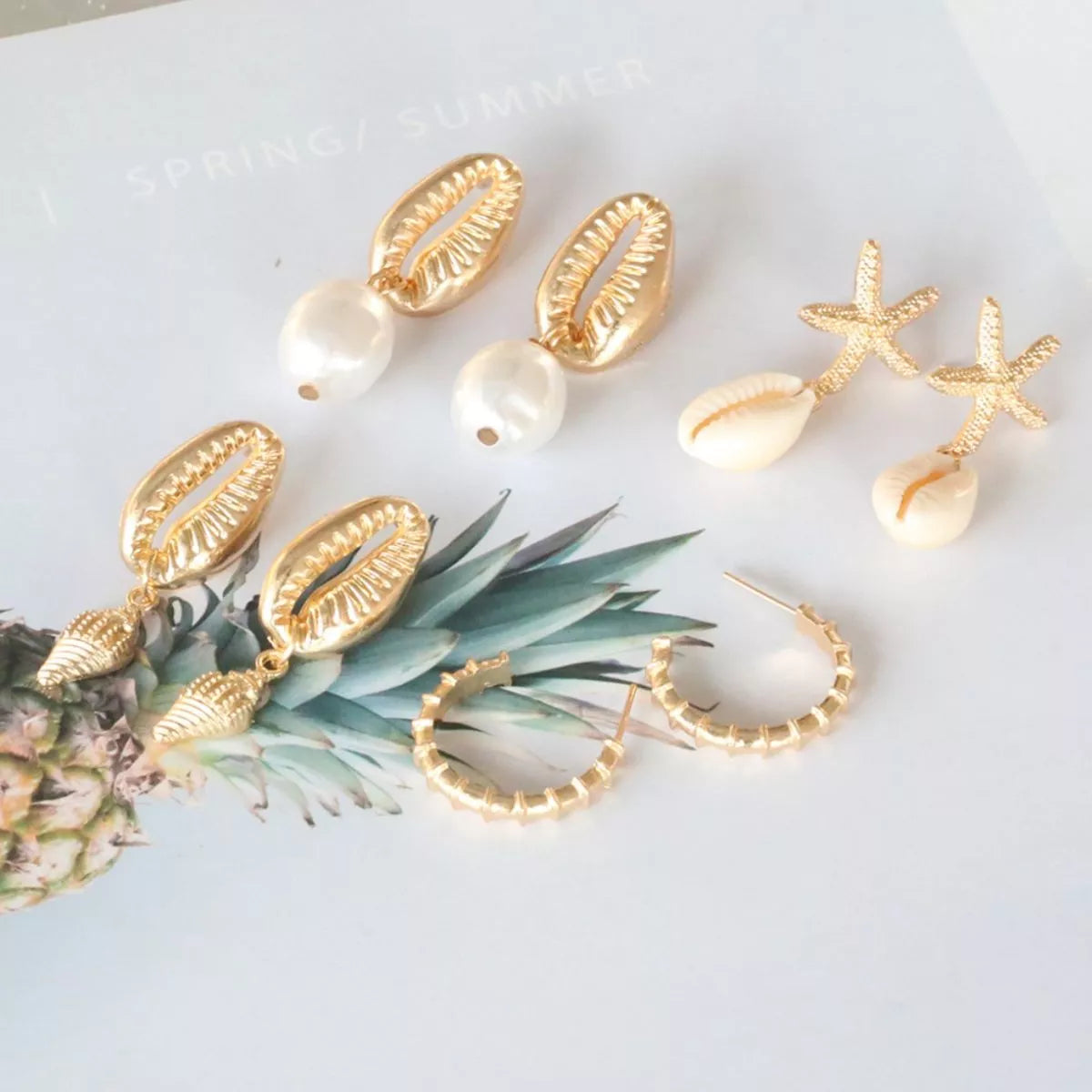 Trendsi 4 Pair 18K Gold-Plated Shell Minimalist Earrings -