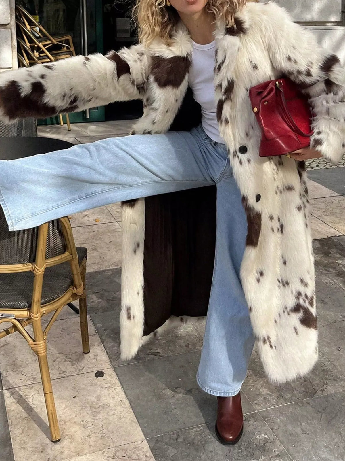 Cow Print Faux Fur Longline Coat in animal print