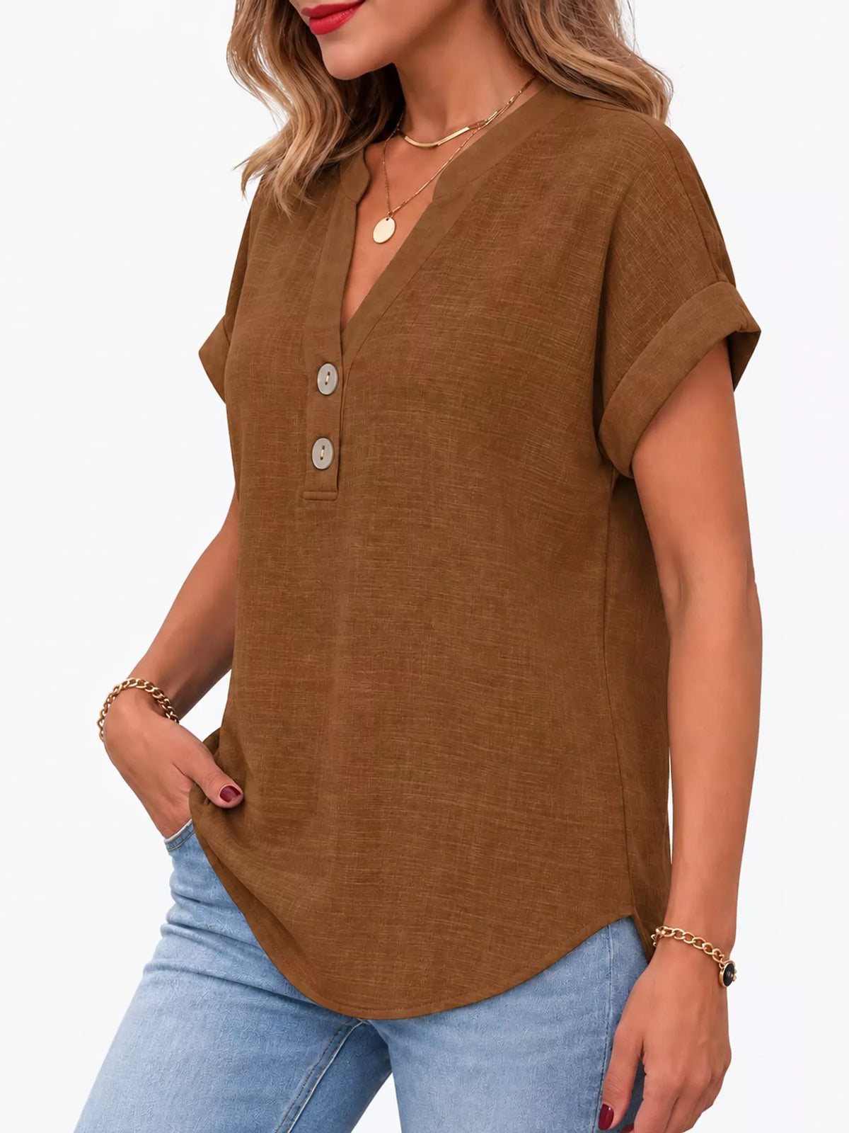 Brown button detail short sleeve blouse, side view