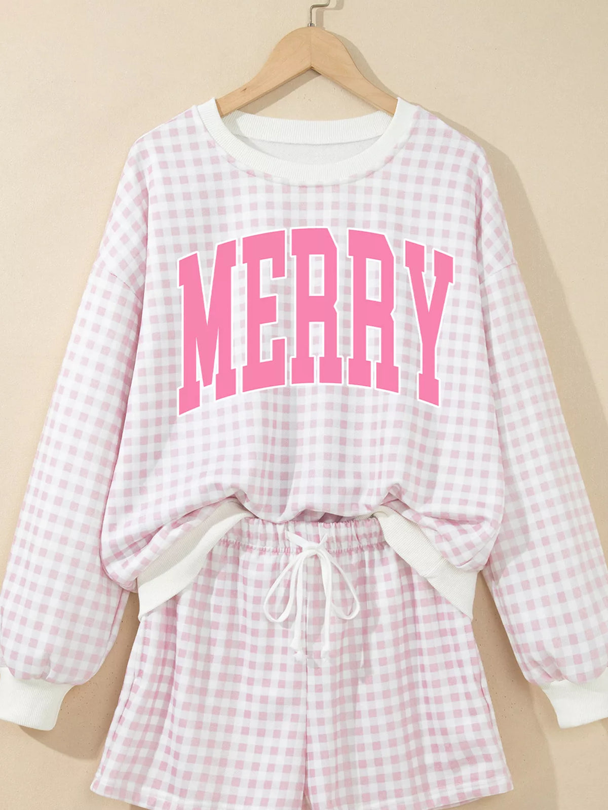 MERRY Plaid Top and Shorts Set in blush pink, front view