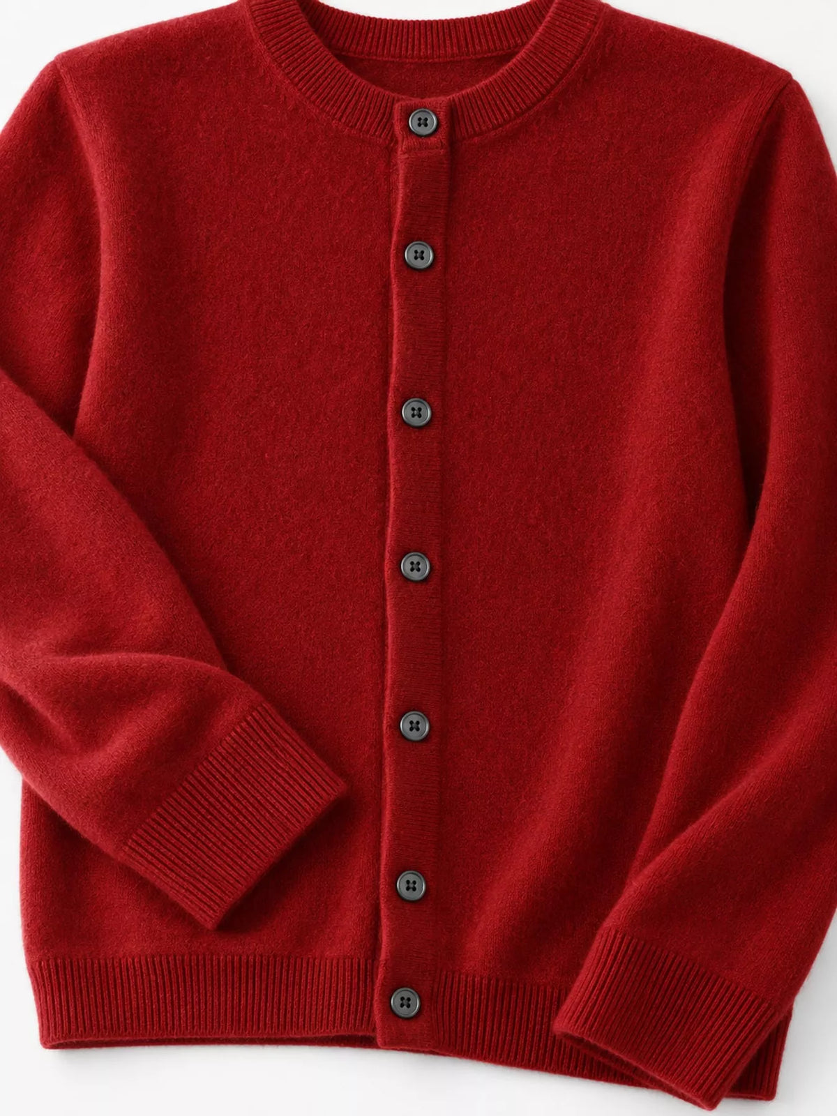 Red crew neck button-front cardigan, product view