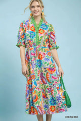 Trendsi Umgee Mix Floral Midi Dress with Ruffle Trim - Dresses