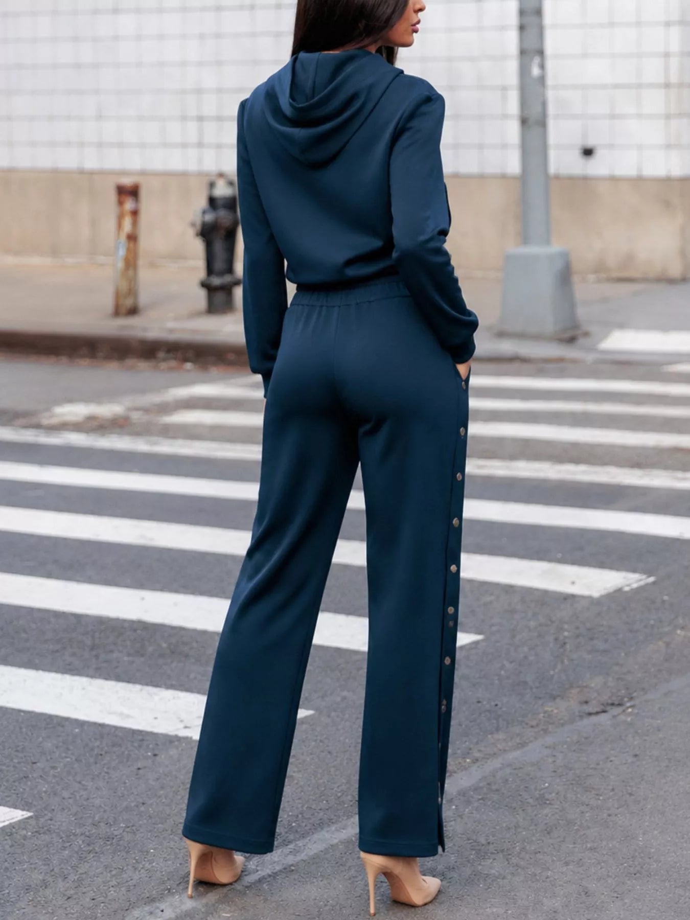 Trendsi Hooded Zip-Up Jacket and Side-Button Wide-Leg Pant Set -