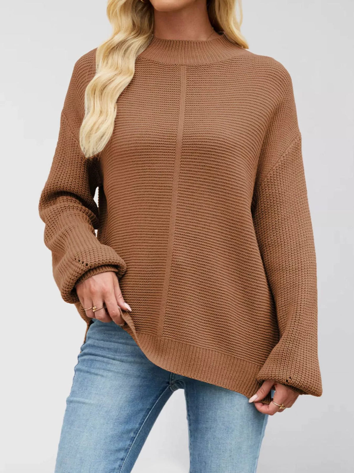Trendsi Ribbed Mock Neck Drop Shoulder Sweater -