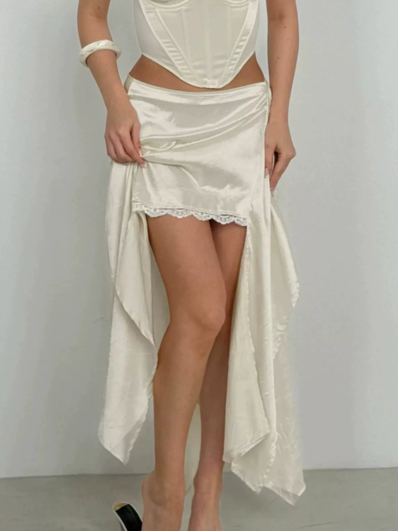 Trendsi Satin High-Low Lace Trim Skirt -