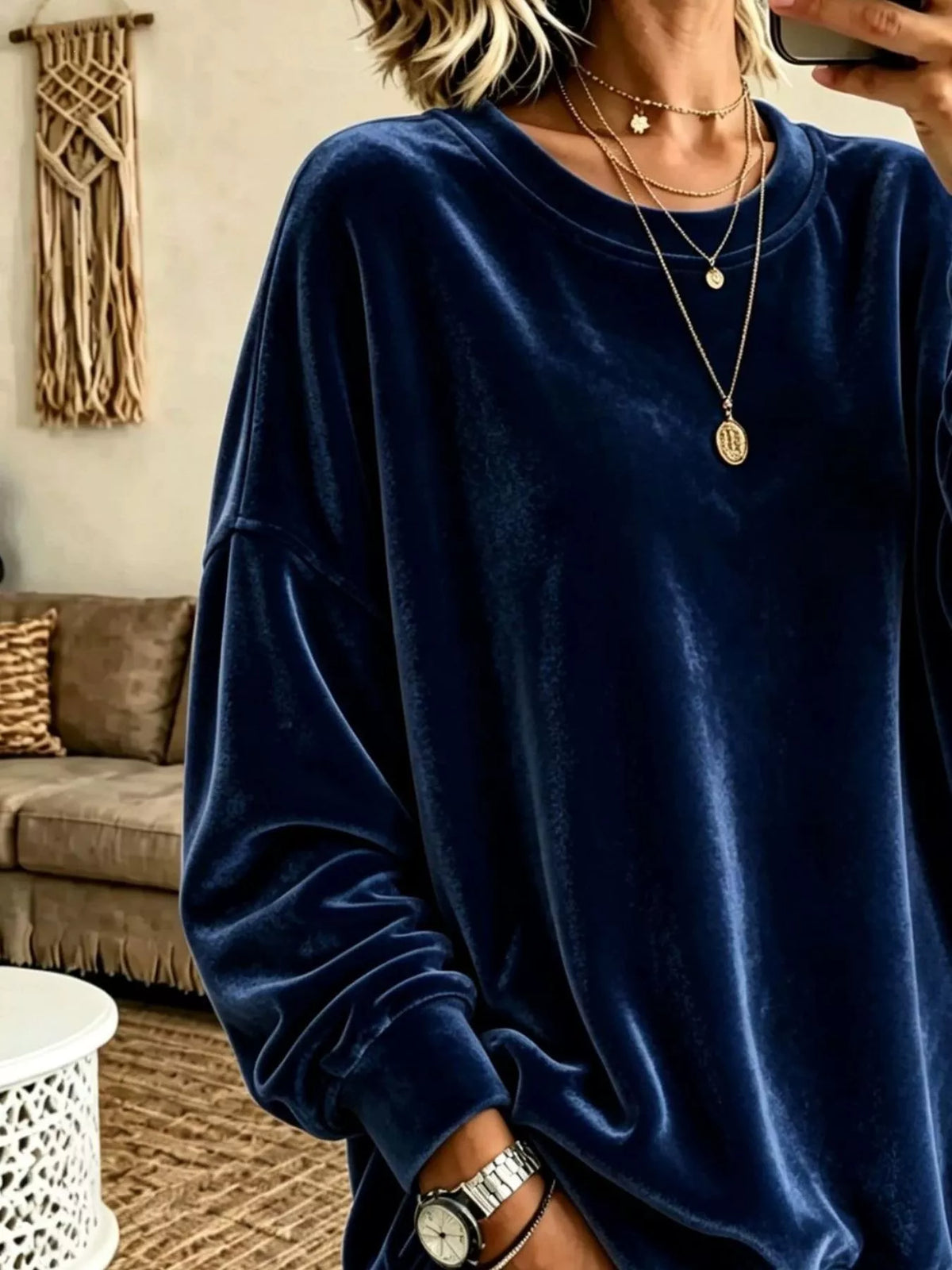 Women's Velvet Dropped Shoulder Crew Neck Sweatshirt in navy — texture detail view