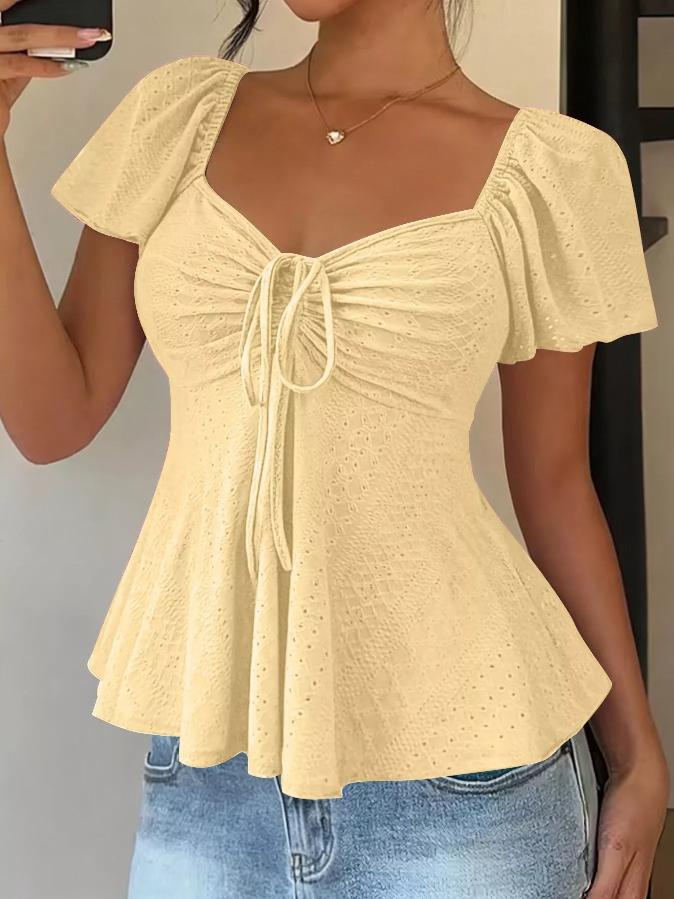 Trendsi Ruched Flutter Sleeve Peplum Top -