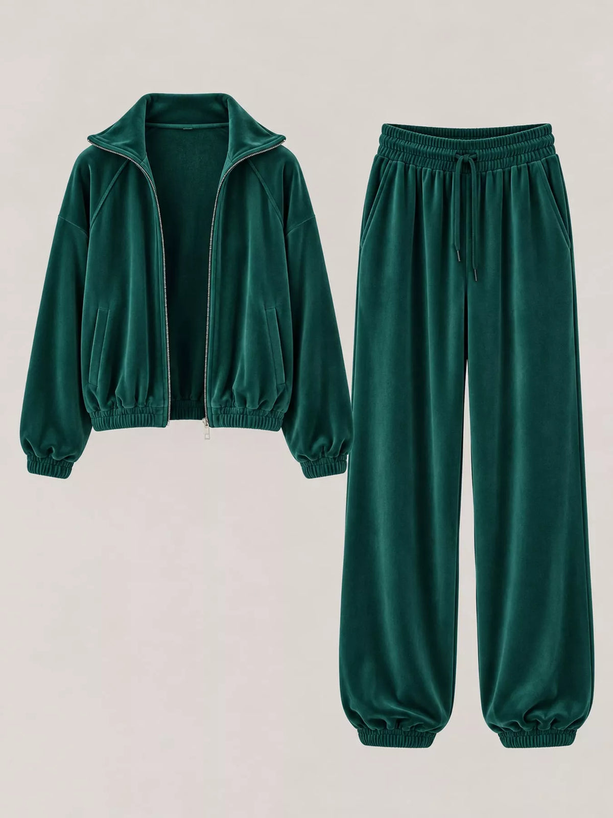 Green zip-up outerwear and pants set — front view