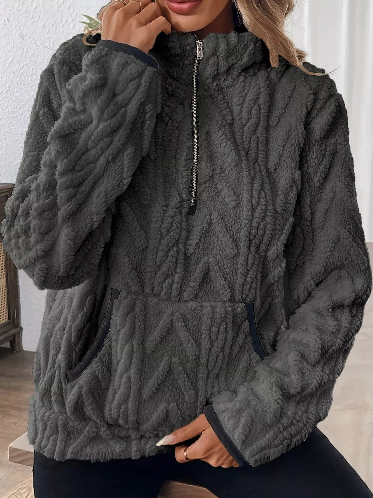 Women's Quarter-Zip Sherpa Sweatshirt in charcoal — front view