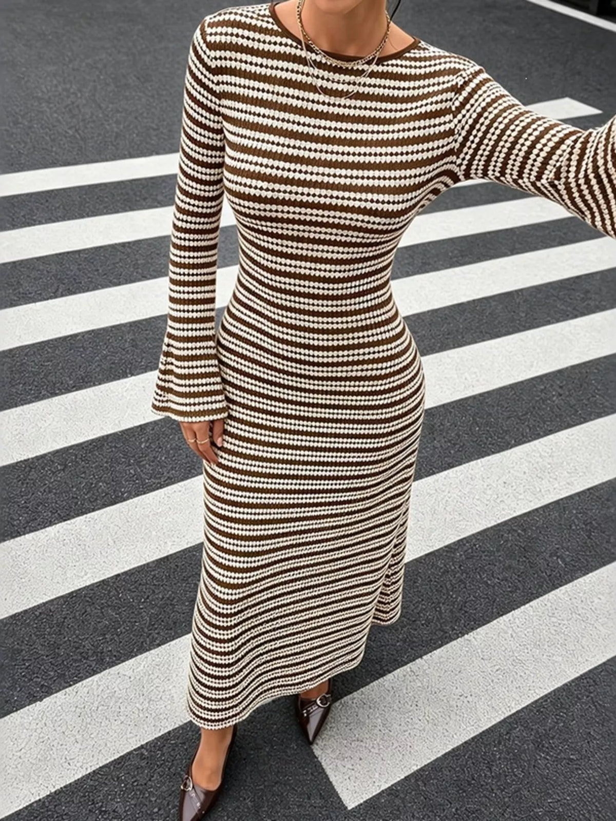 Brown and white striped flare sleeve knit dress, fitted bodice detail