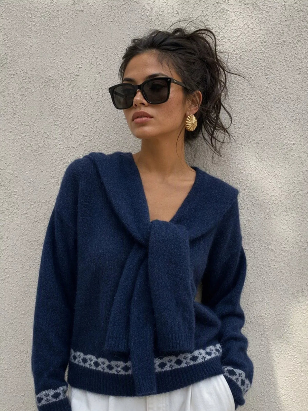 Navy scarf-detail dropped-shoulder sweater, standing front view.