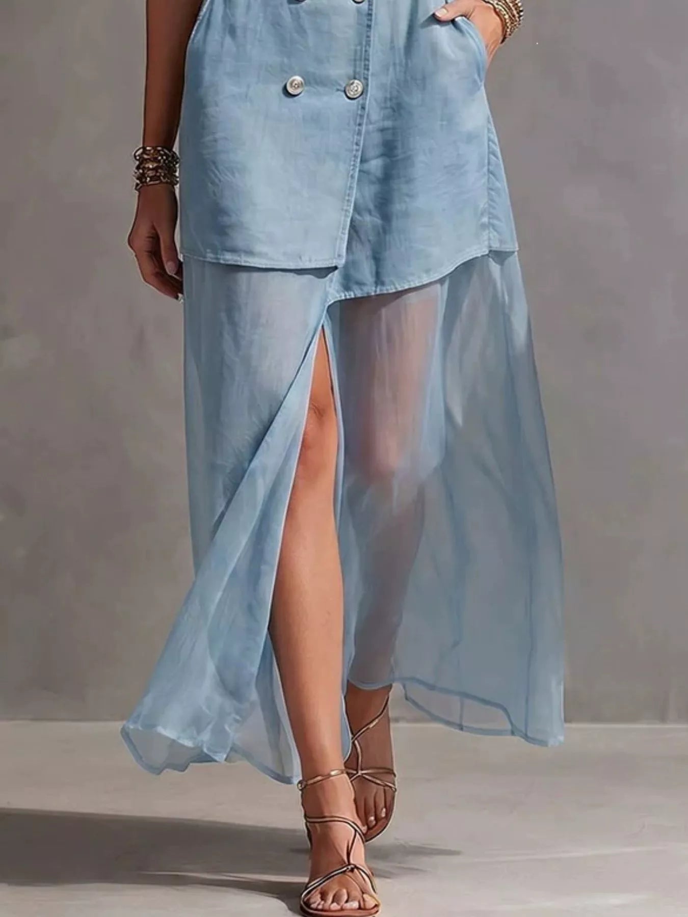 Trendsi Sleeveless Double-Breasted Denim Maxi Dress -