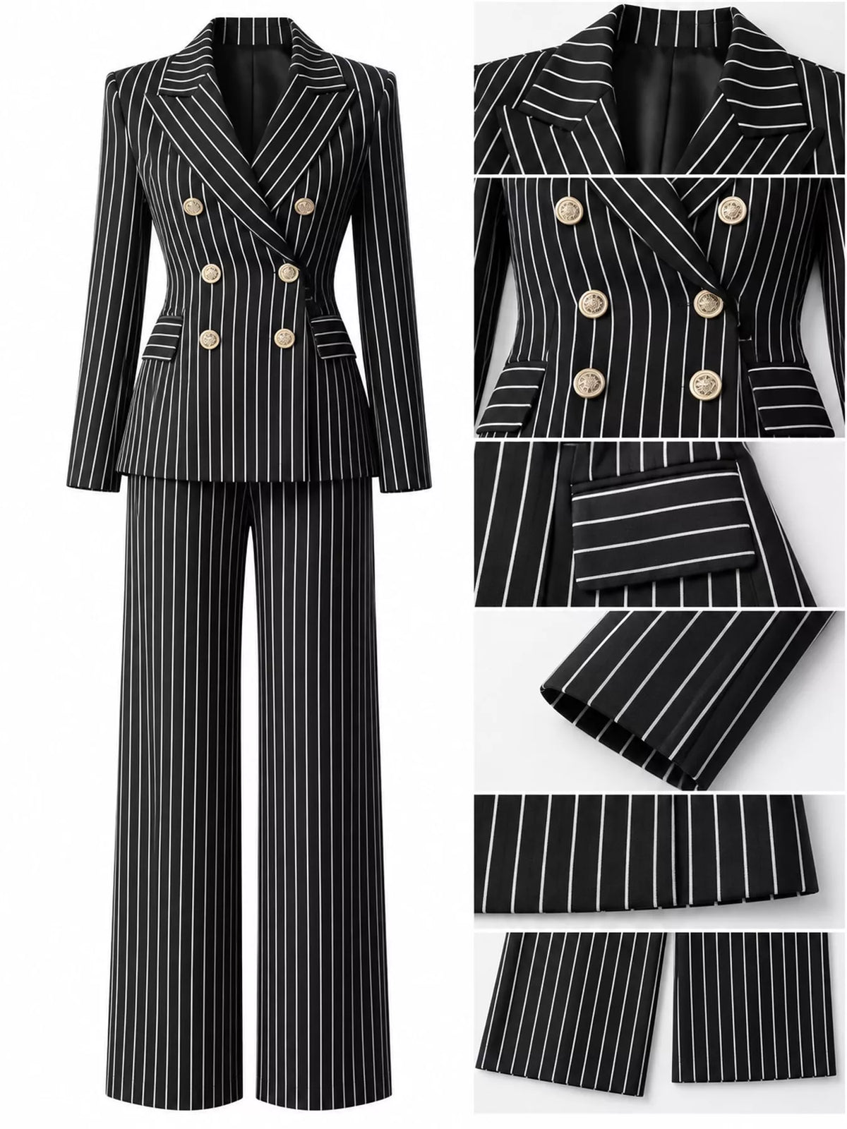 Pinstripe pantsuit, black lapel and cuff collage