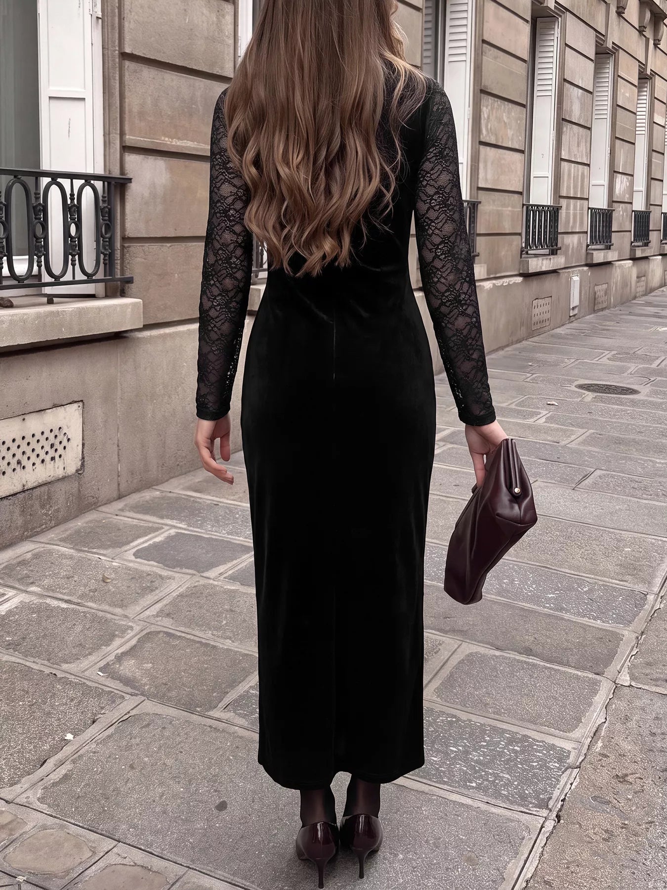 Trendsi Elegant Lace and Velvet Midi Dress -