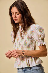 Trendsi SO ME Floral Cotton Smocked Short Sleeves Blouse -