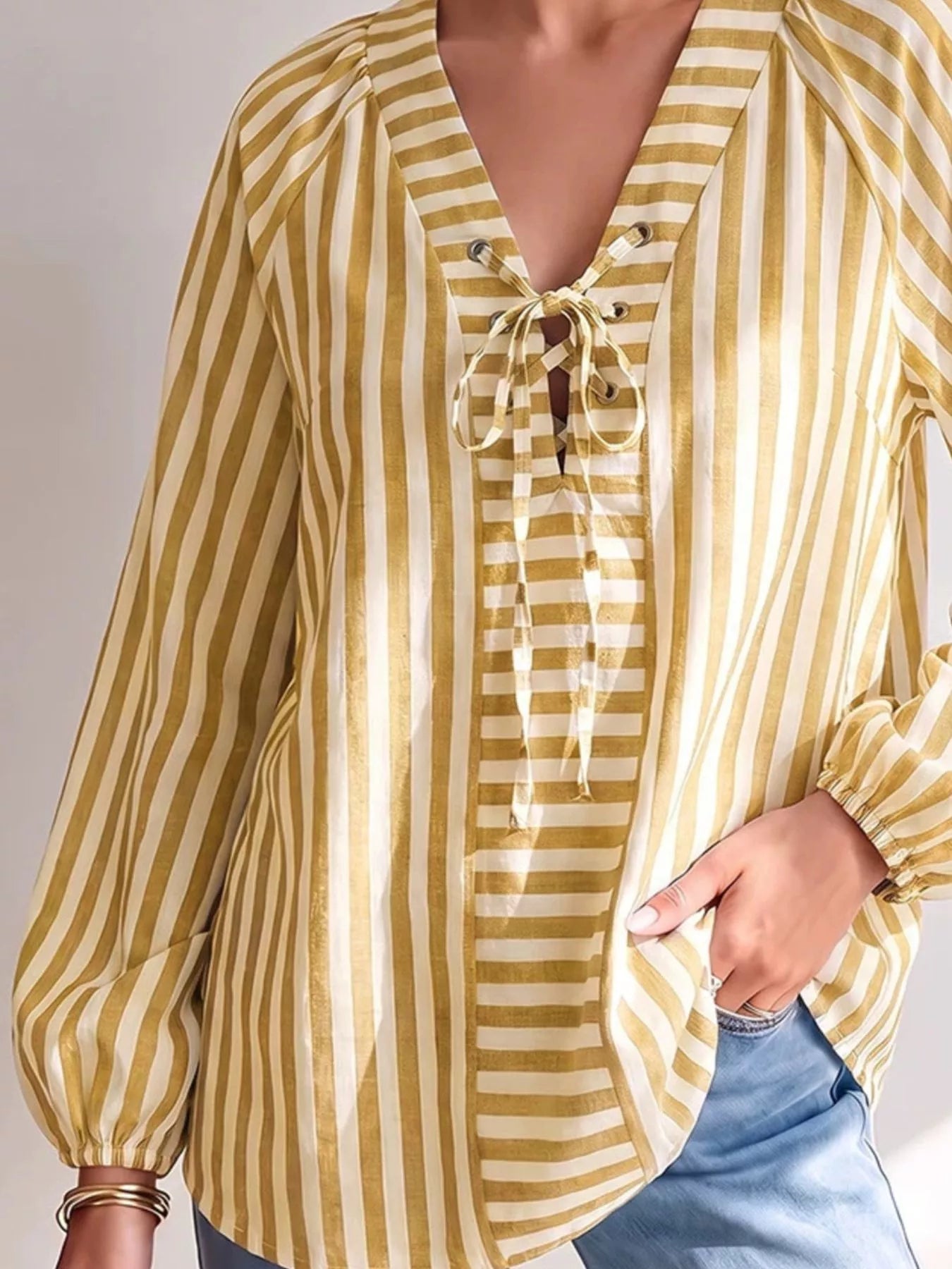 Trendsi Striped Tie Front Long Sleeve Blouse -
