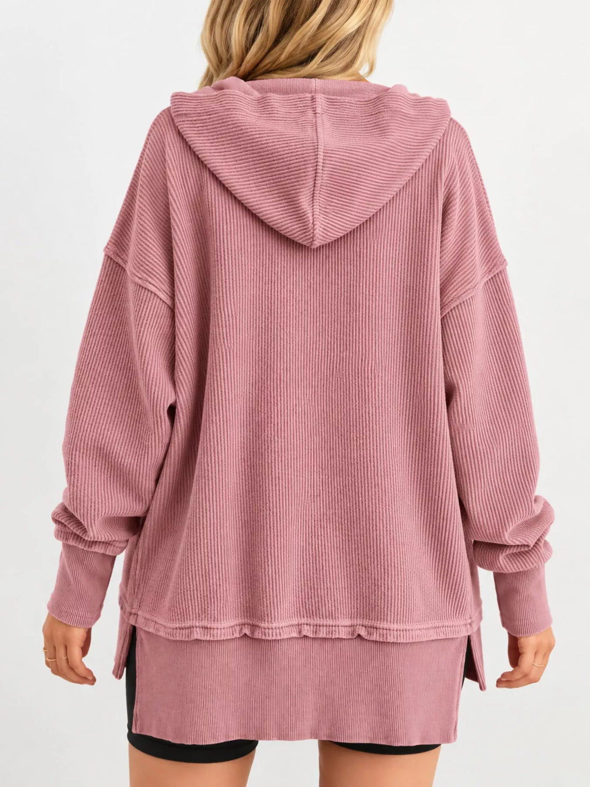 Women's Snap Button Placket Dropped Shoulder Hoodie in pink — back view