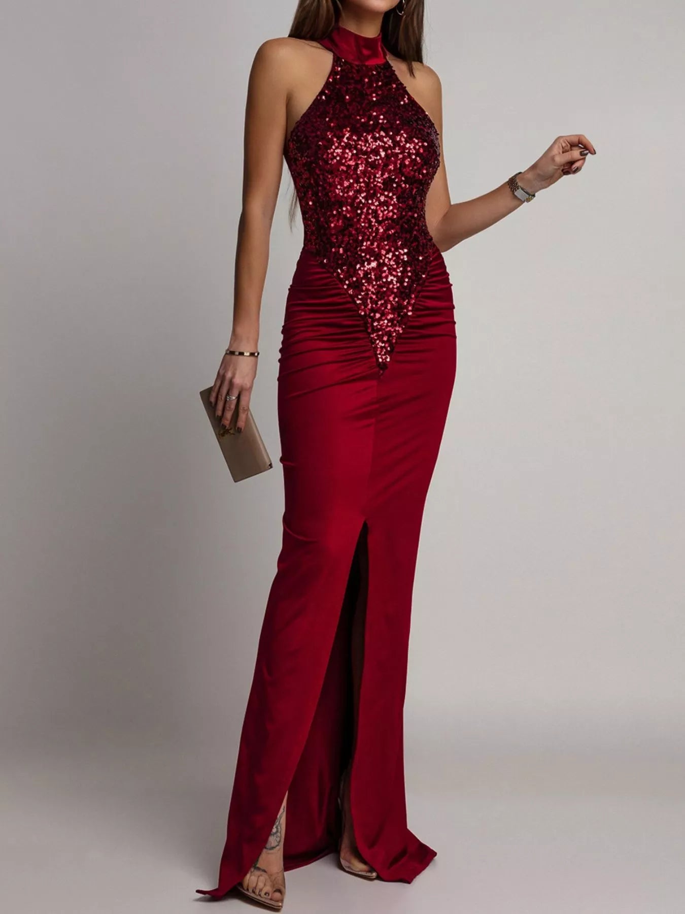 Trendsi Sequin High Slit Sleeveless Maxi Dress -