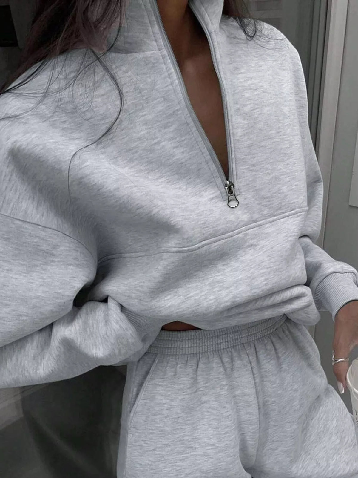 Half-zip top and pants set, gray zip-neck detail