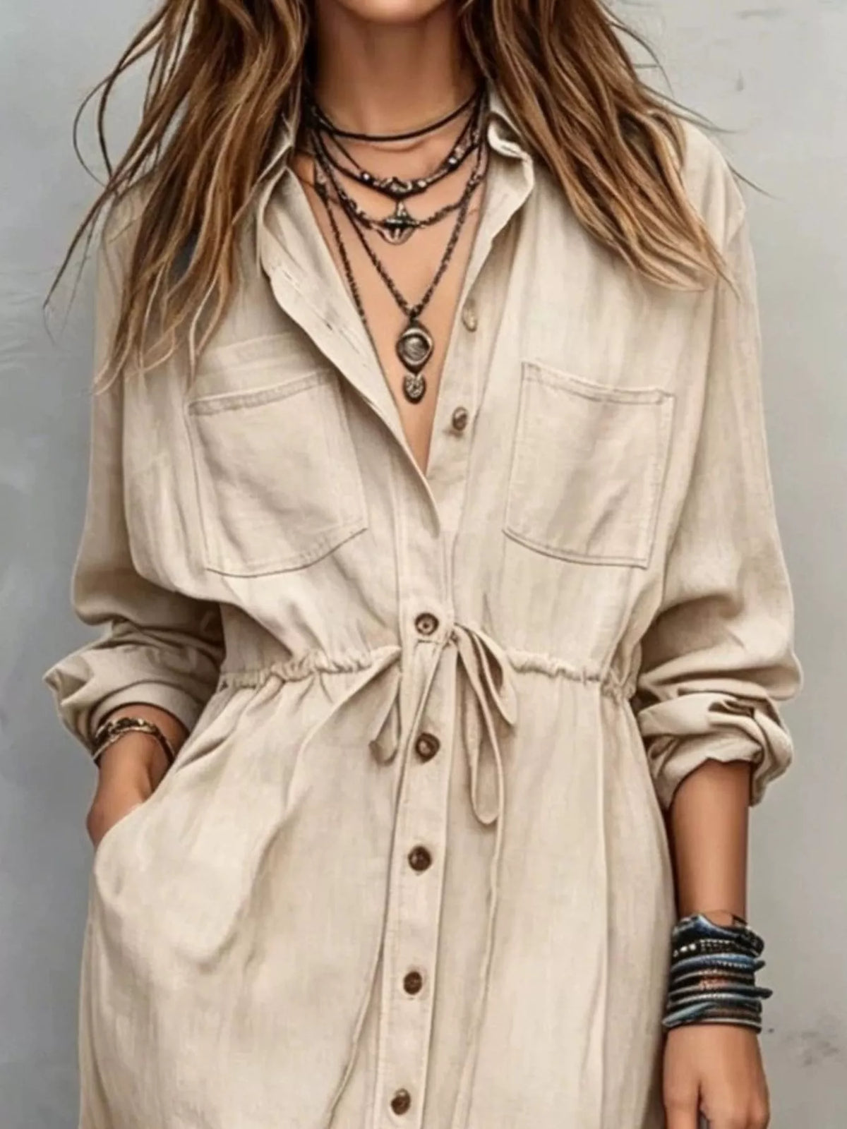 Beige Button-Front Long Sleeve Maxi Shirt Dress button-front and drawstring-waist detail