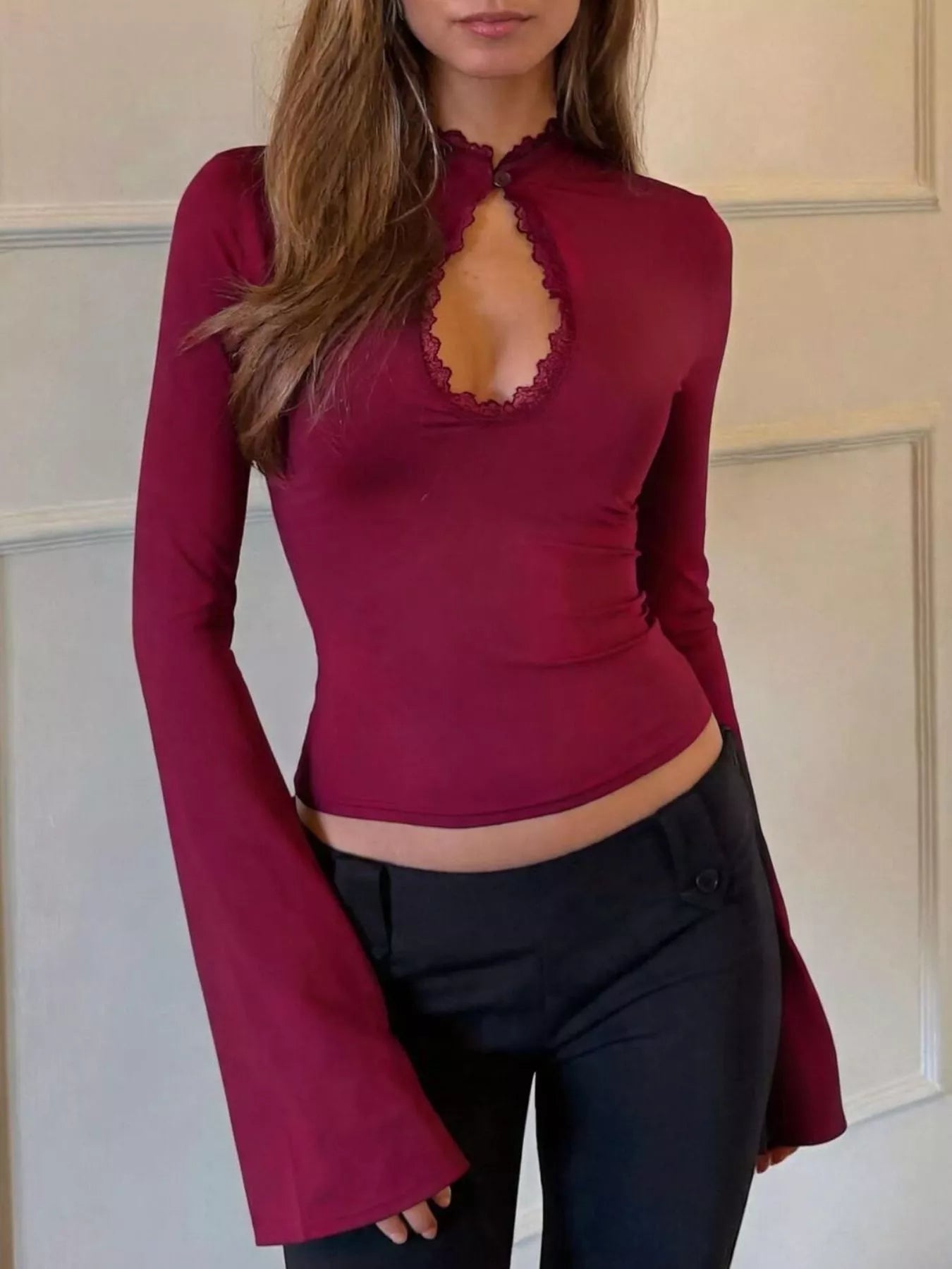 Trendsi Lace-Trimmed Keyhole Long Sleeve T-Shirt -