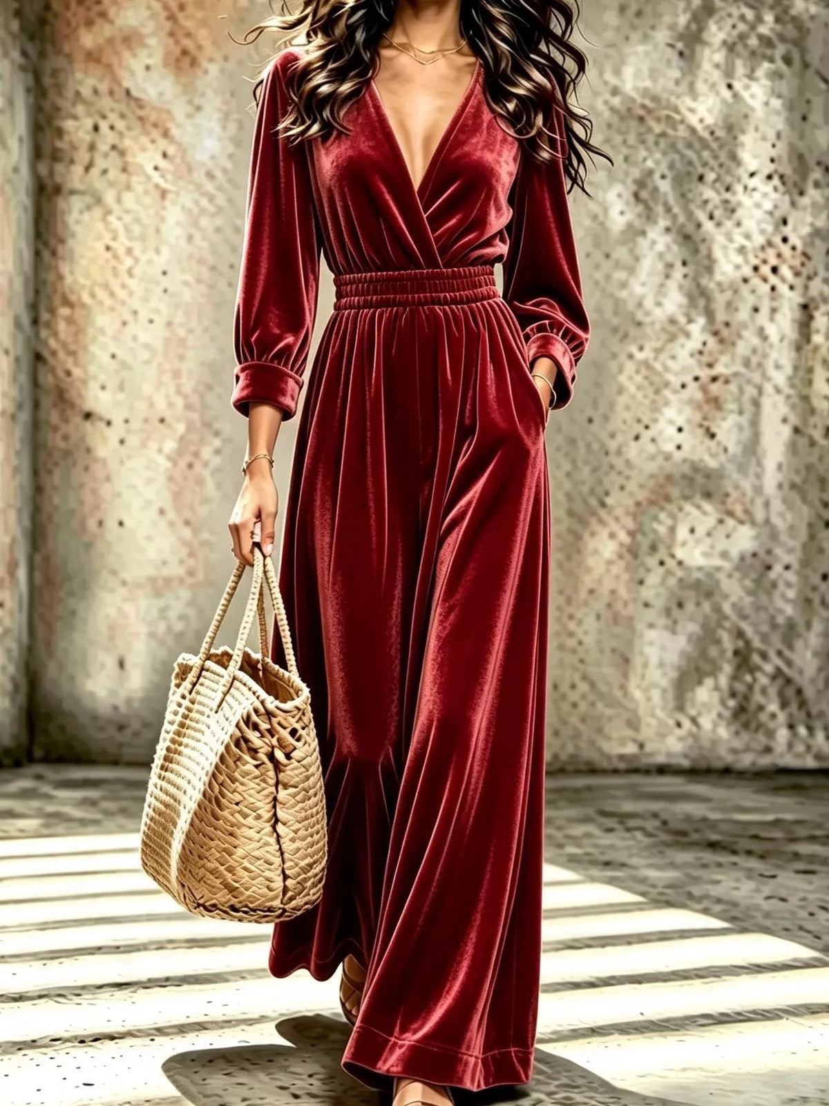 Velvet Surplice Long Sleeve Jumpsuit in burgundy, front view