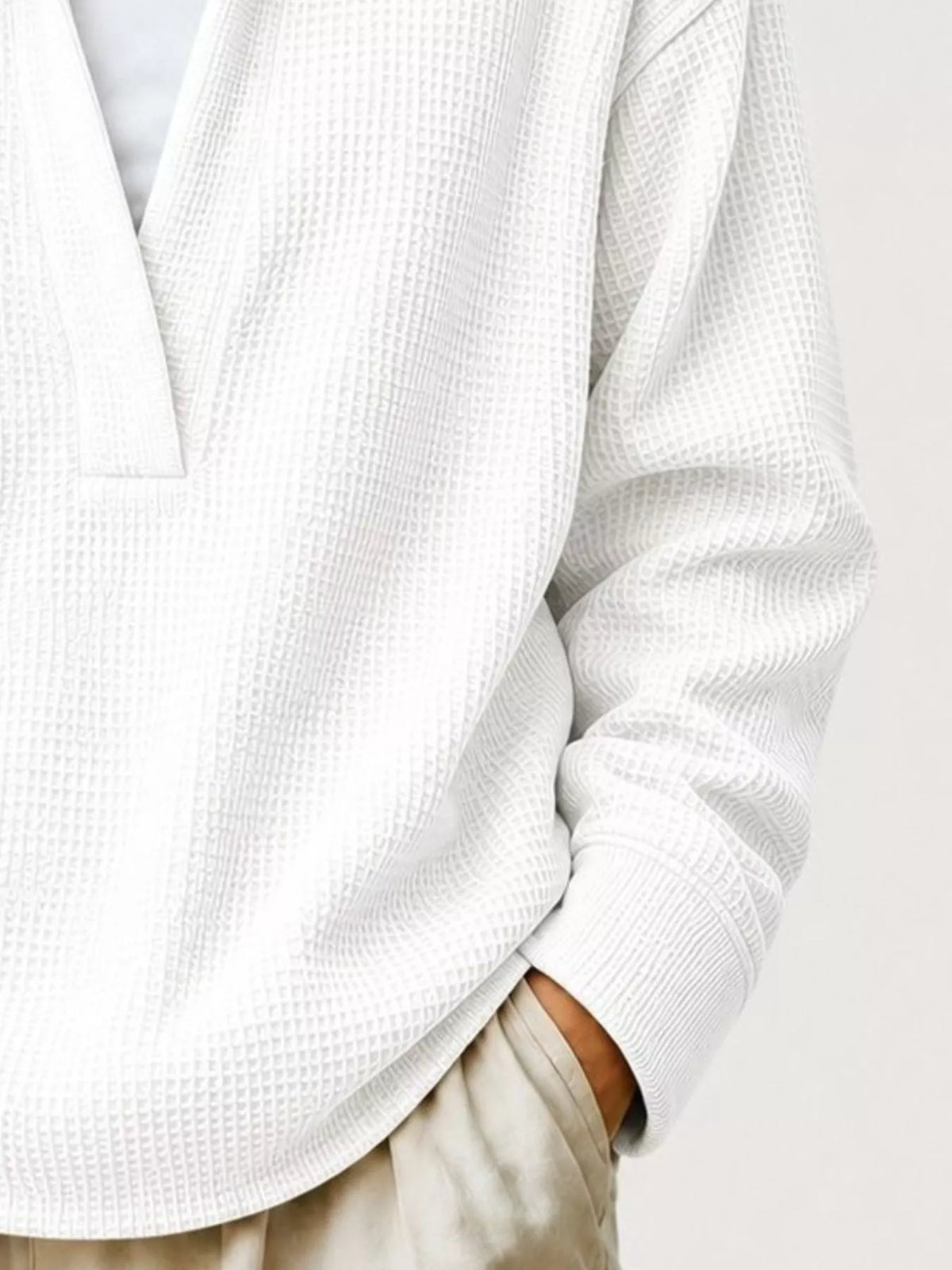 White Waffle Knit Dropped Shoulder Sweatshirt back view