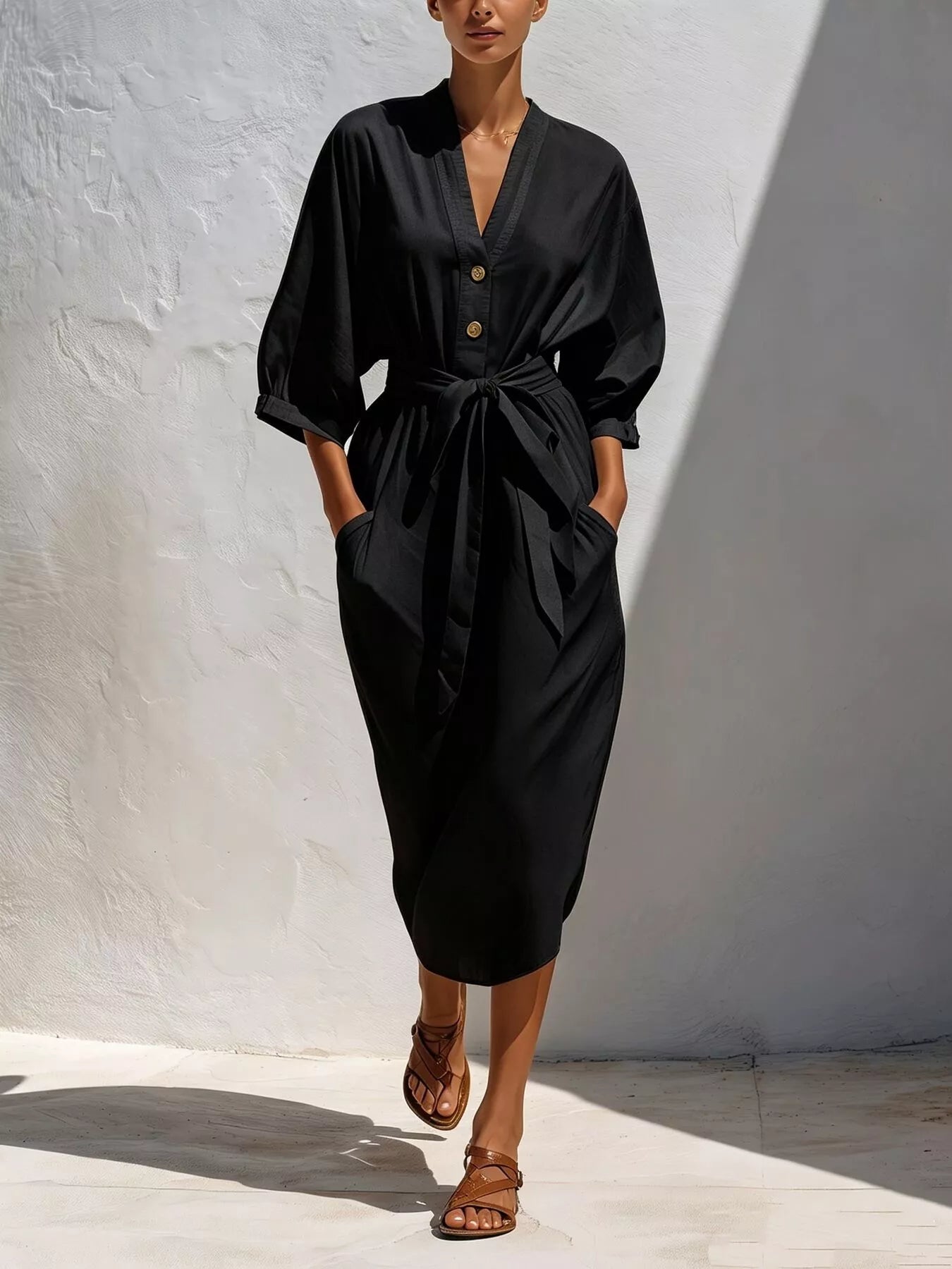 Trendsi Full Size Tie Waist V-Neck Midi Dress Plus Size -