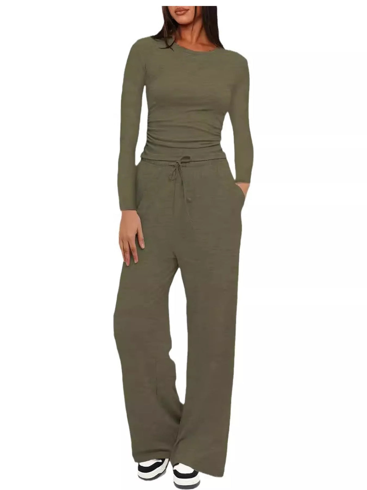 Long Sleeve Ruched Top and Wide-Leg Drawstring Pants Set — front view