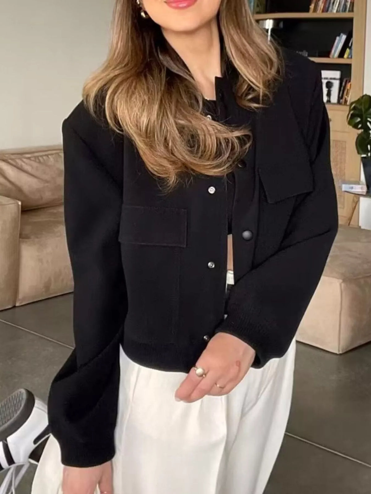 Snap-Down Cropped Bomber Jacket, front view