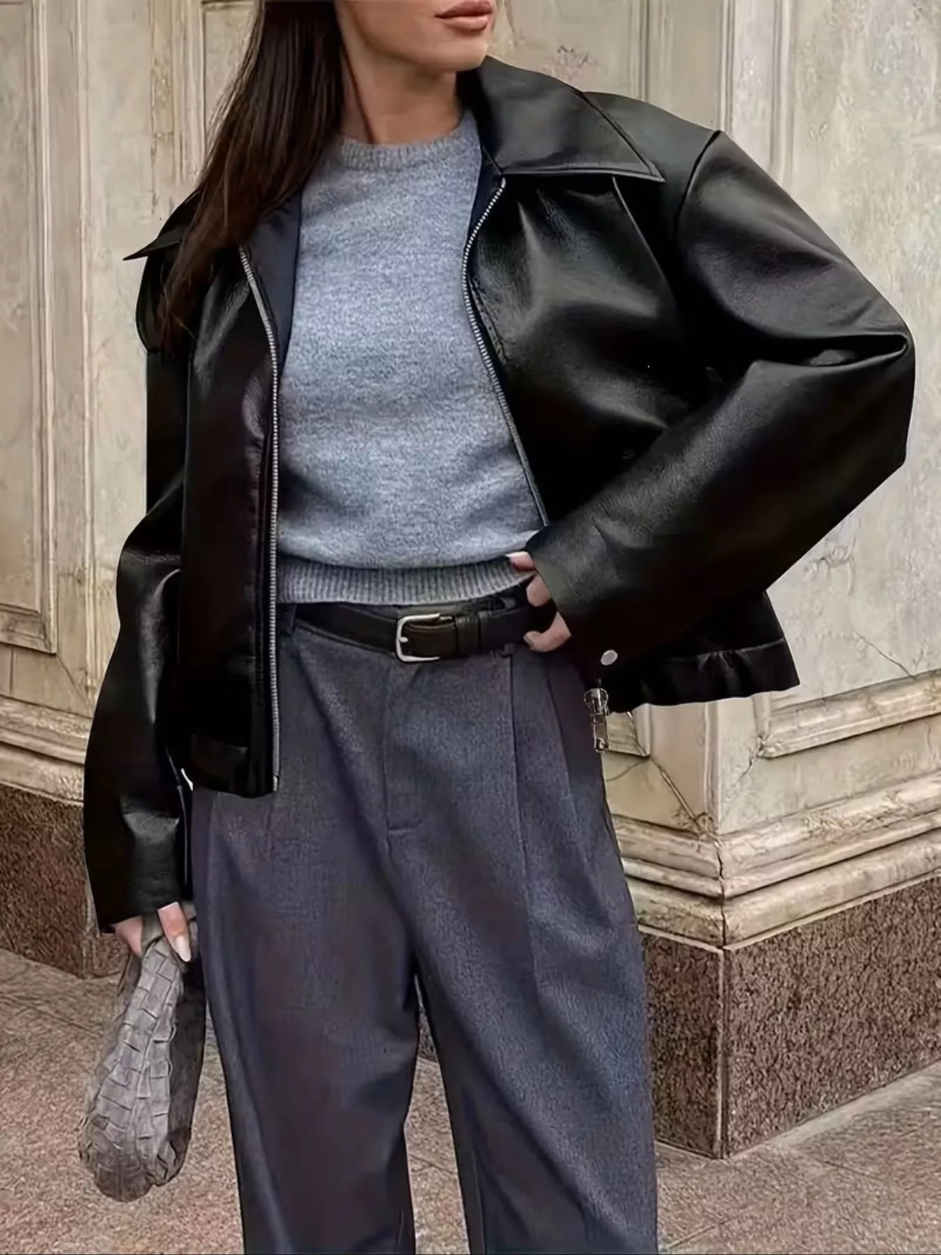 Trendsi Oversized Faux Leather Zip Up Moto Jacket -