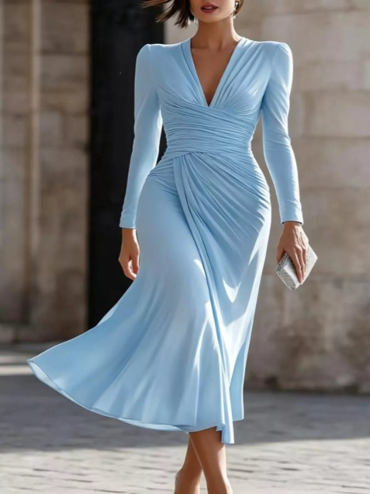 Women's Ruched Long Sleeve Midi Dress in light blue — front view