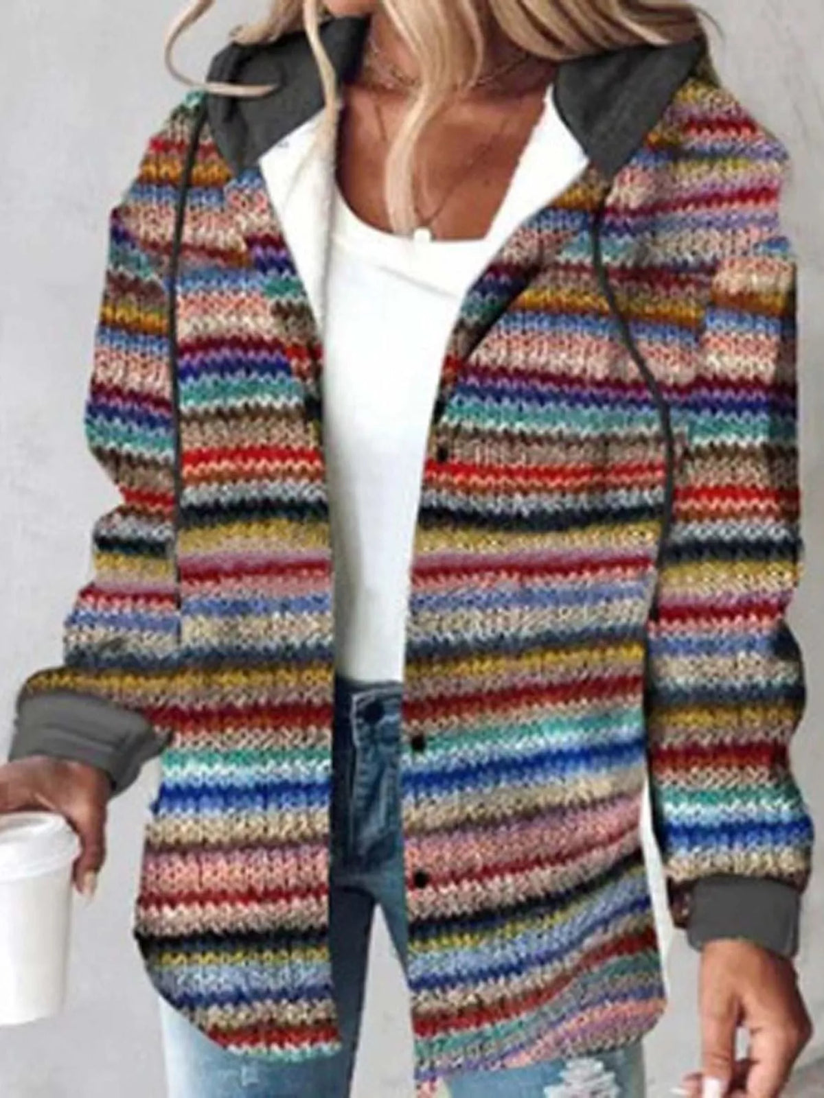 Button-Down Printed Contrast Hooded Shacket — front view
