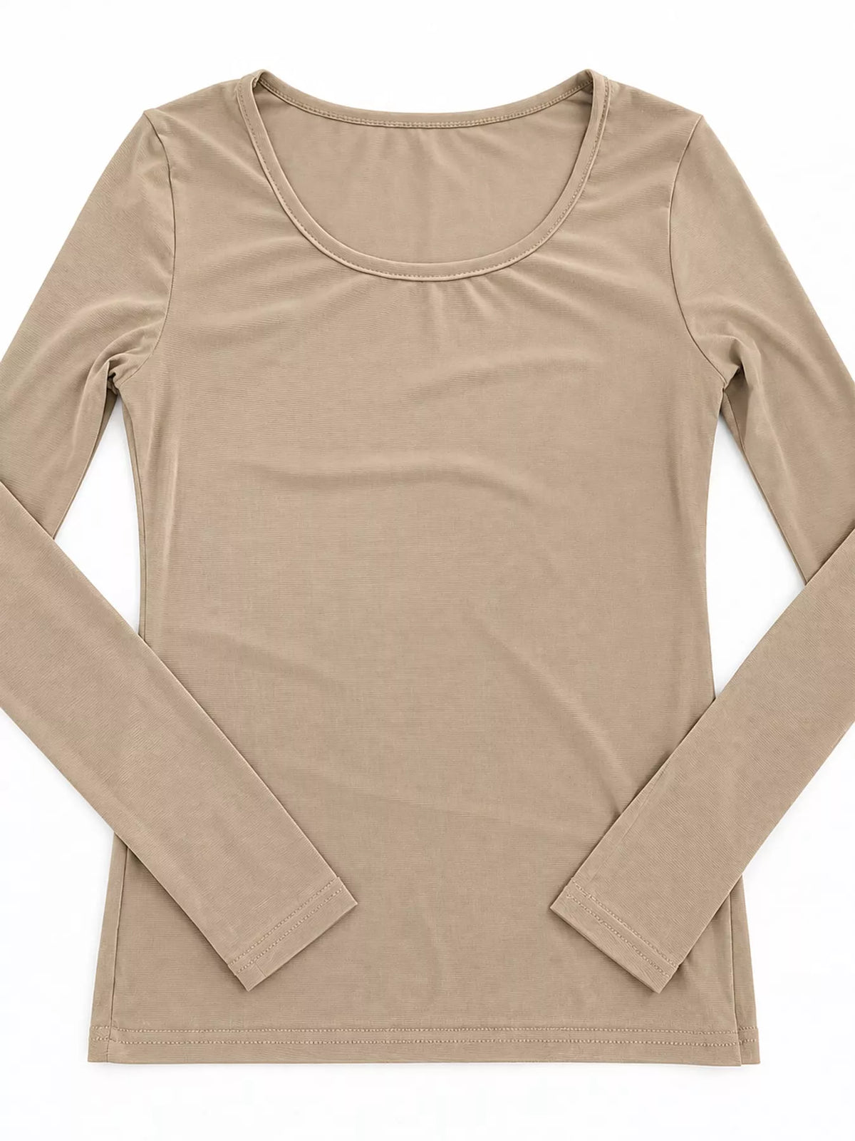Beige mesh long sleeve top, front laid flat
