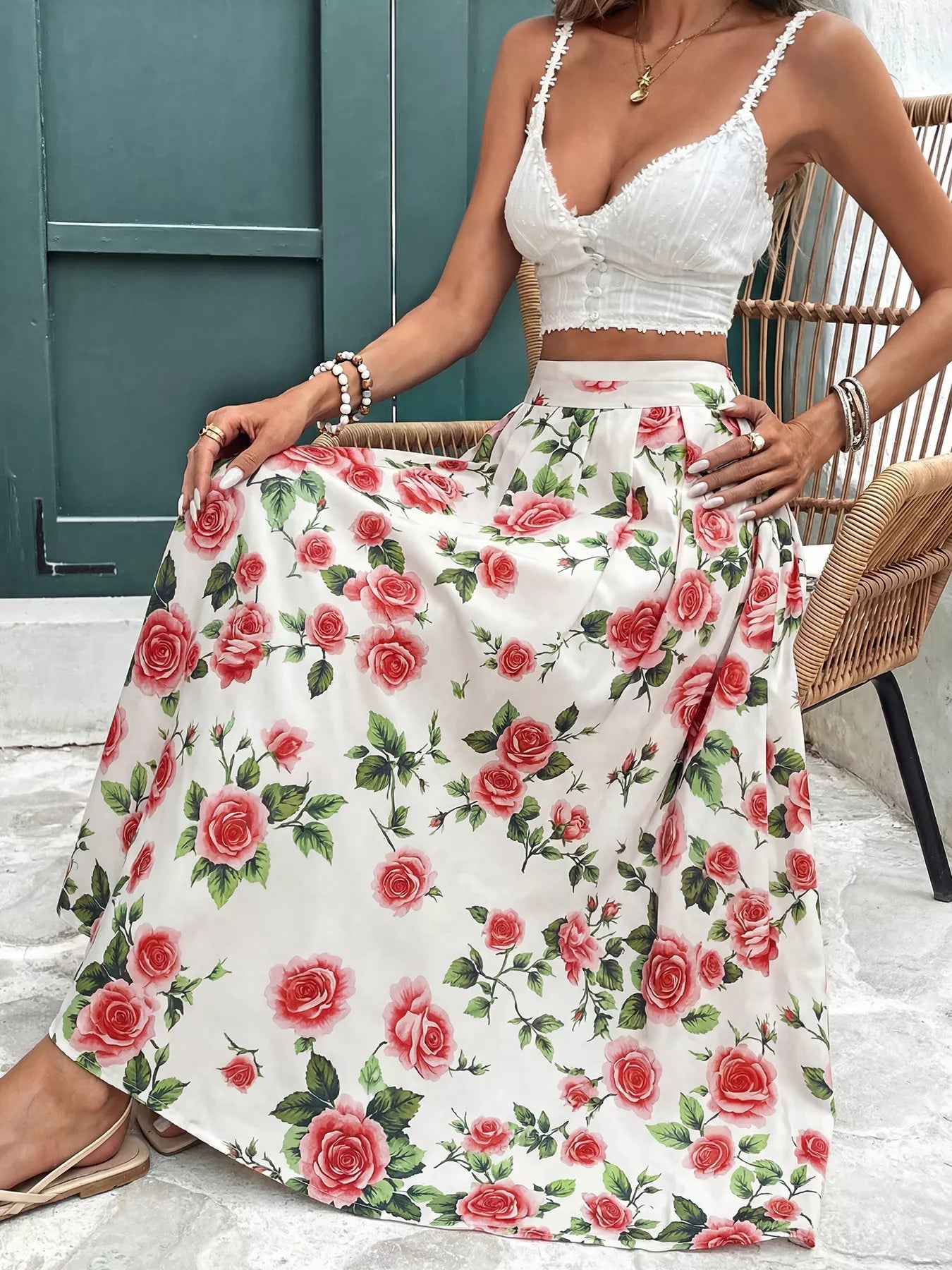 Trendsi Rose Print Flowy Maxi Skirt -