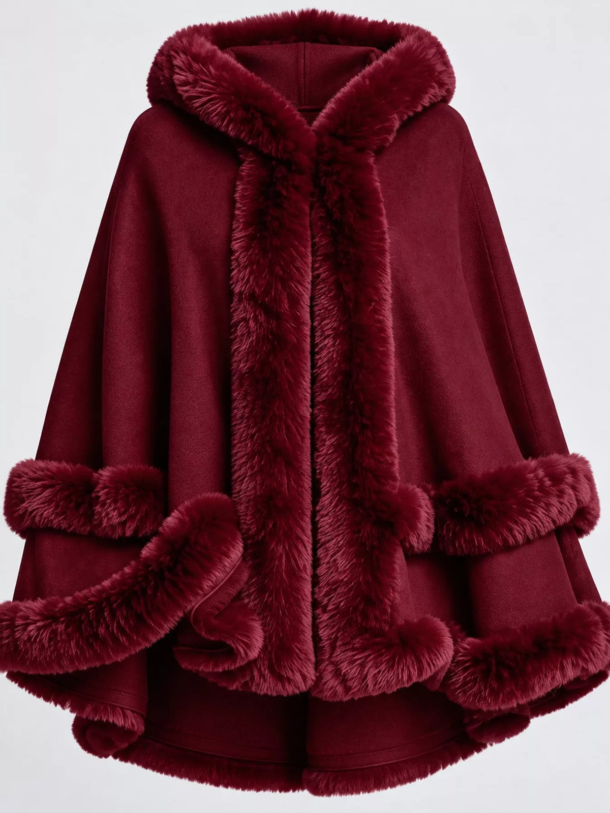 Faux-fur-trim cape, burgundy trim detail