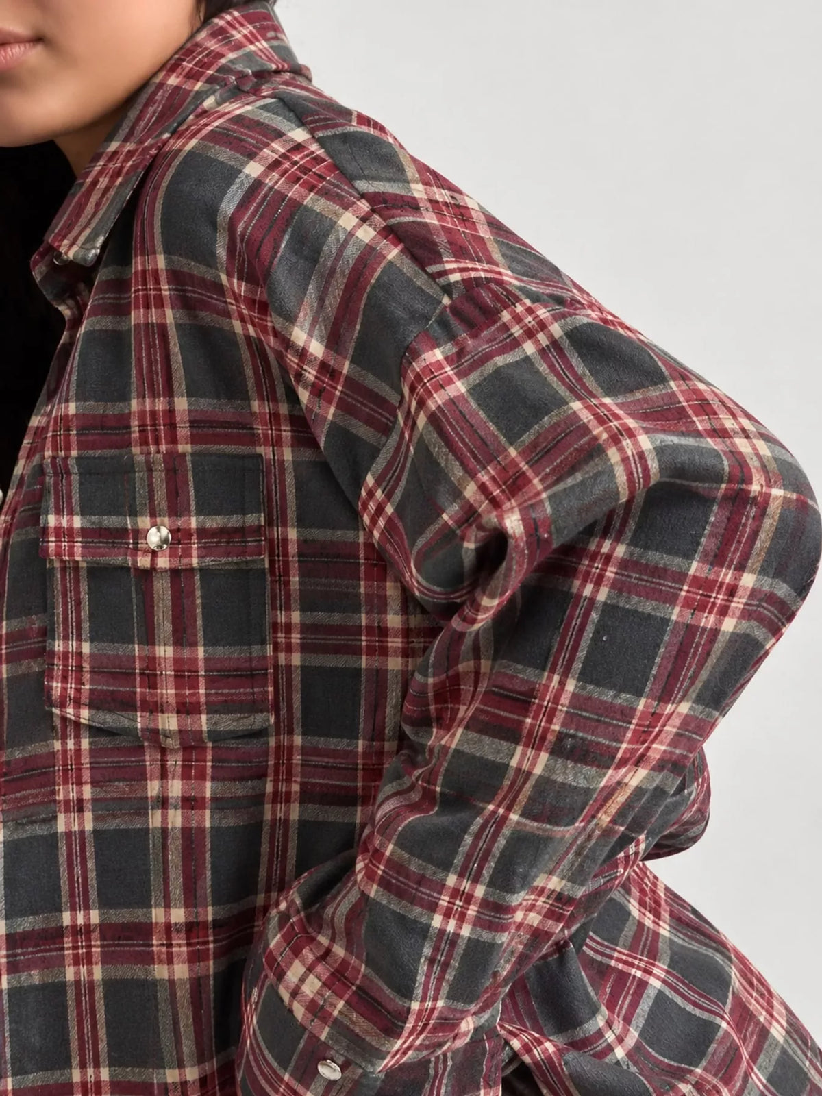 Dark Red plaid button up shirt, detail view