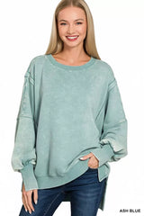 Trendsi Zenana Acid Washed Batwing Sleeve Fleece Sweatshirt -