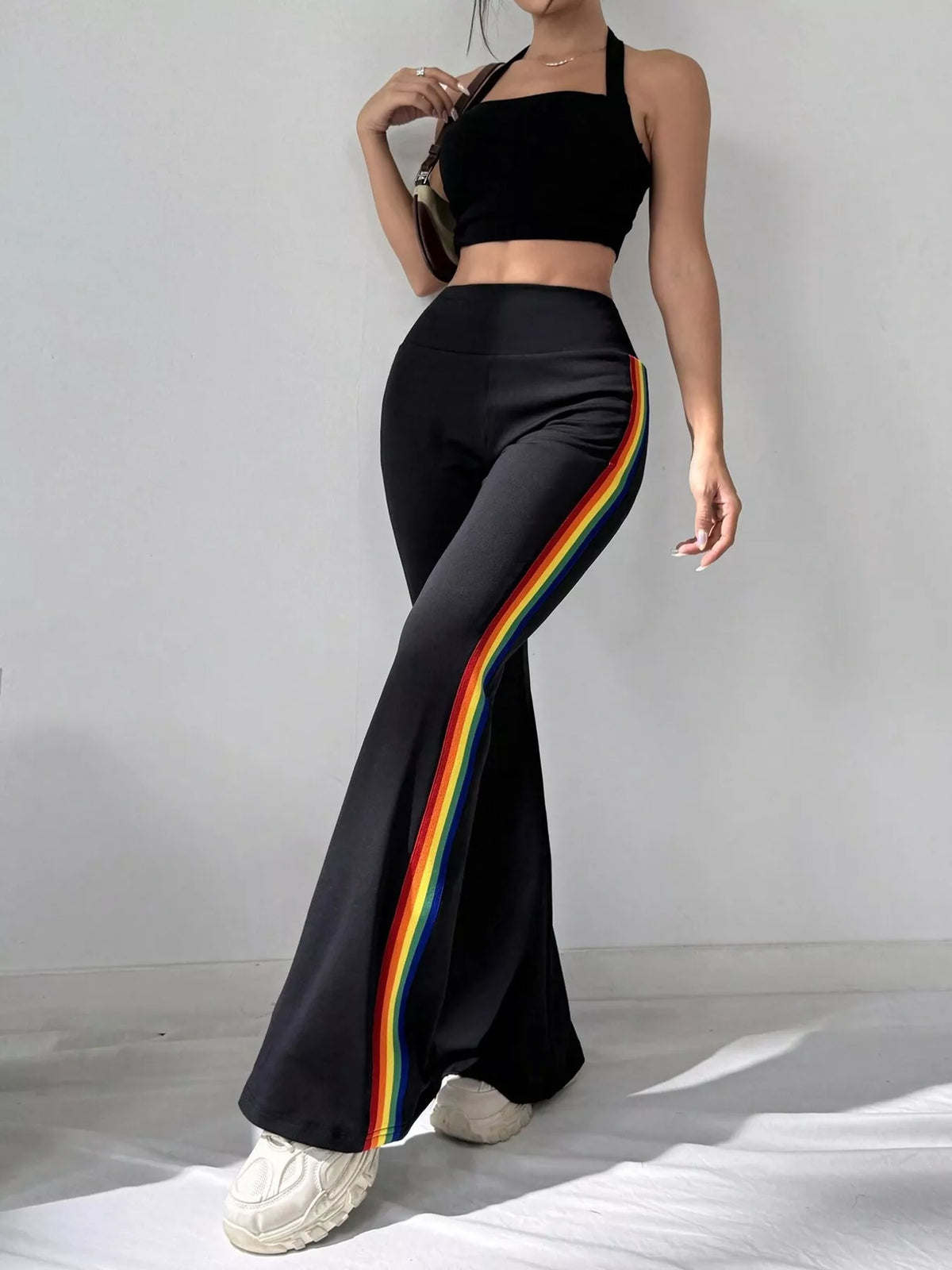 High-waisted side-striped flare active pants