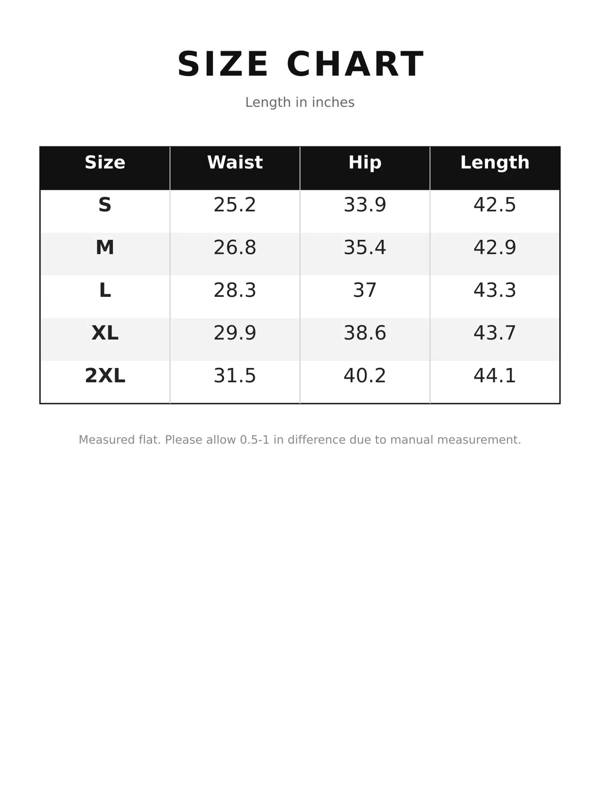 Size chart for high-waisted slim-fit flared jeans