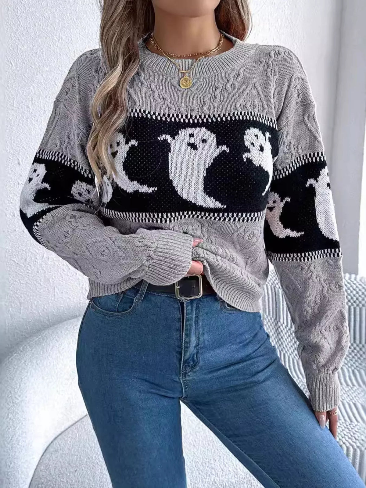 Halloween Ghost Pattern Textured Sweater in gray, front view